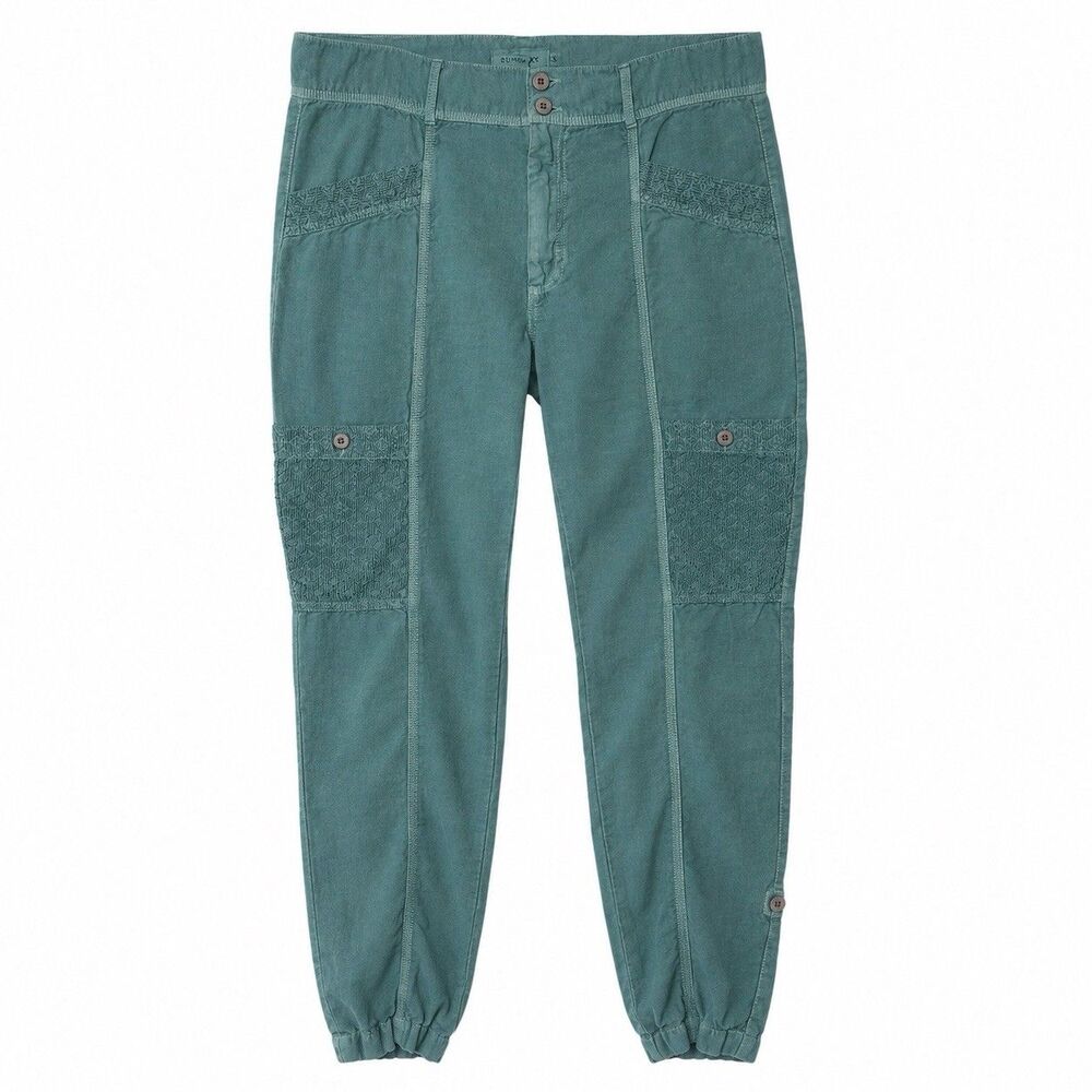 Sundance Womens 12 Pants Teal Lace Tapered 55% Linen Cargo Boho Roll Tab